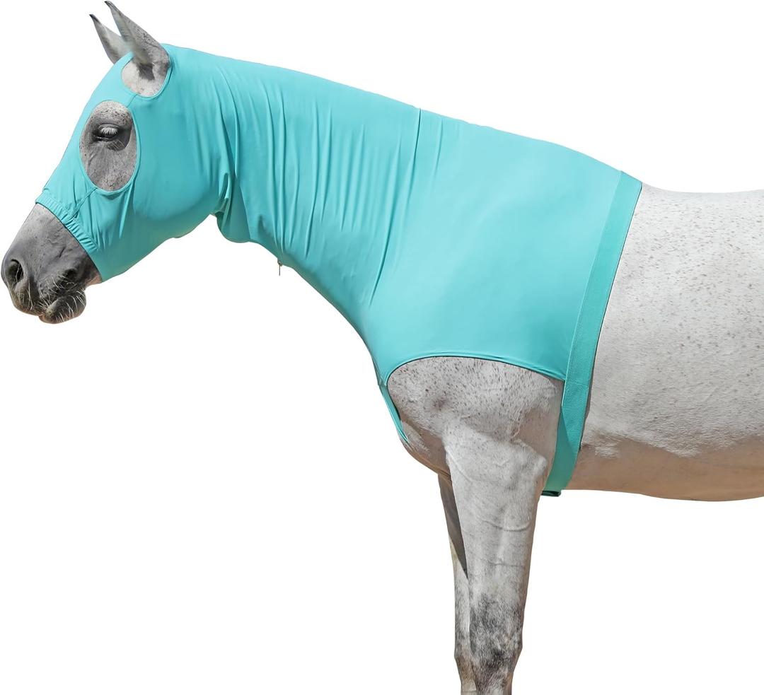 Horse Slinky Hood with Zipper, Stretch Spandex Sleazy Hood for Mane Protection, Breathable Horse Neck Cover for Show Prep, Braids Saver, Sleek Grooming Under Blanket Use Turquoise X-Large