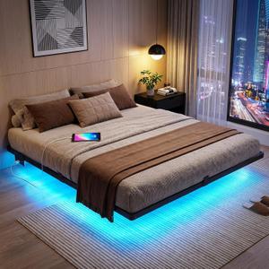 King Size Floating Bed Frame with Smart LED Lights & Charging Station, Metal Platform Bed Frame, Noise-Free, No Box Spring Needed, Easy Assembly