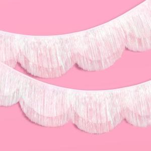 xo, Fetti White Iridescent Scallop Fringe Banner | Bachelorette Party Decorations, Bridal Shower, Birthday Backdrop, Wedding Decor, Holographic Garland