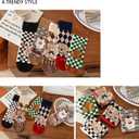 Women Crew Socks Casual Cotton Checkerboard Socks with Cartoon Bear Above Ankle Athletic Socks for Women 5 Pairs Size 5-9