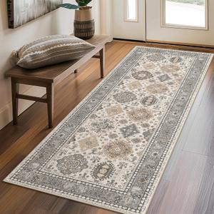 2x5 Runner Rug Non Slip, Machine Washable Rug Runners for Hallways, Vintage Distressed Print Kitchen Runner, Low Pile Lightweight Carpet Runner for Entryway, Laundry, Bedroom, Bathroom Grey Ivory