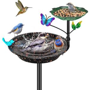 Metal Bird Bath for Outside Garden Birdbath Bowl, Freestanding Bird Feeders for Outdoors with 5 Prongs Base Stake, Standing Birdfeeders Birdbath Bowl for Yard Decor(Black-2-in-1-Butterfly)