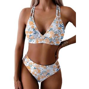 Tainehs Women's Push Up V Neck Bikini Sets Criss Cross Back Two Piece Bathing Suit Size L