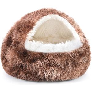 NOYAL Round Hooded Donut Dog Bed for Small & Medium Pets - Plush Fluffy Anti-Anxiety Cat Cave Bed with Cover (Medium 23.6'', Bandhnu Coffee)