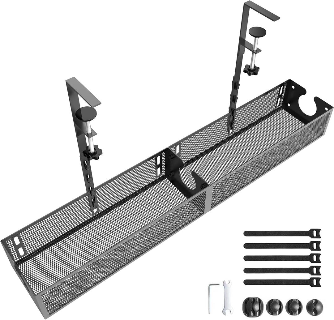 Under Desk Cable Management Tray - Fits up to 1.77" Thick Desks, No-Drill Clamp-on Wire Organizer, Reversible Inward/Outward Install, Heavy Duty Metal Power Strip Holder for Home Office & Gaming Desk (26.4, Black)