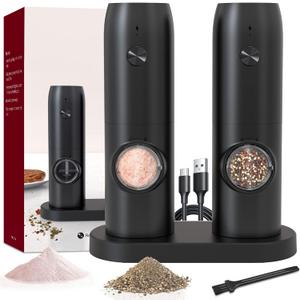 Electric Salt and Pepper Grinder Set of 2, Automatic Pepper Mill, USB Rechargeable, Adjustable Coarseness, One-handed Operation, Ceramic Burr, Refillable, Auto Grinders with Charging Base LED Light (Regular Size)
