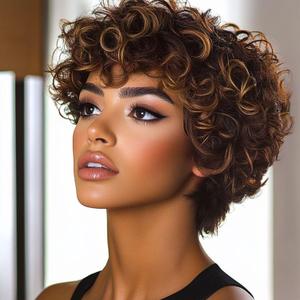 MOONSHOW Short Wigs for Black Women Brown Pixie Cut Wig with Bangs African American Wigs for Black Women Short Curly Afro Wigs Synthetic Brown Curly Bob Wig