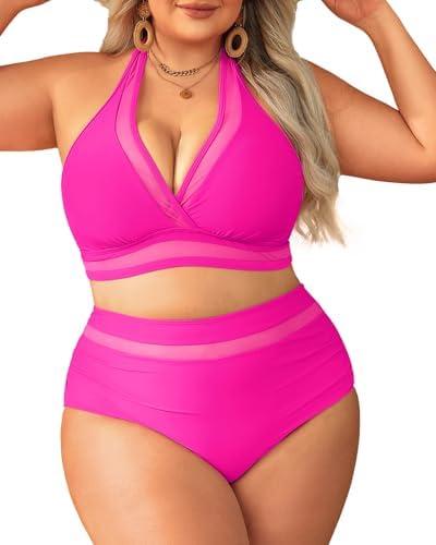 Tempt Me Women Plus Size Bikini High Waisted Swimsuits Mesh Tummy Control Two Piece Bathing Suit 18 W, Hot Pink 