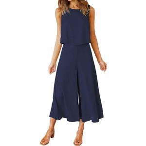 ROYLAMP Women's Summer 2 Piece Outfits Round Neck Crop Basic Top Cropped Wide Leg Pants Set Jumpsuits (Large, Navy Blue)