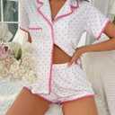 COZYEASE Womens Silky Pajamas Set Heart Print 2 piece Sleepwear Short Sleeve Button Down Shirt with Shorts (White, L)