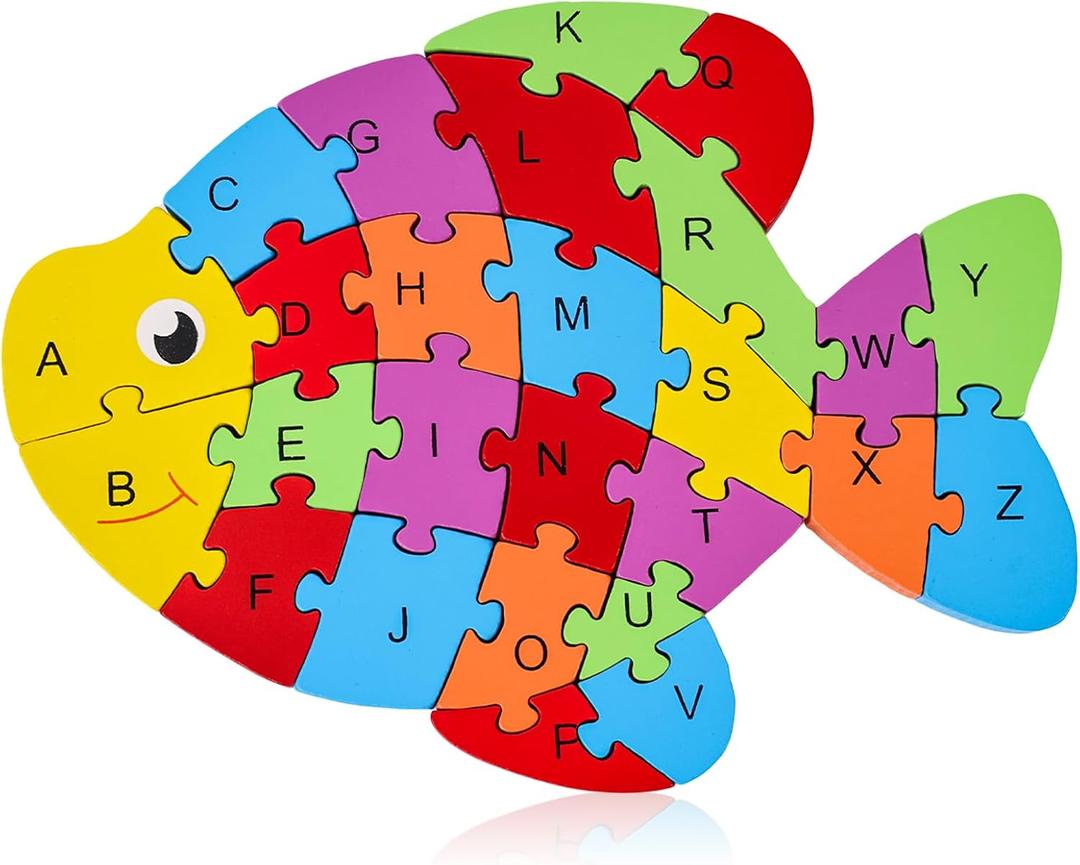 LovesTown Goldfish + Chicken Wooden Puzzle for Kids, Alphabet and Number Jigsaw Puzzle Montessori Learning Blocks, Educational Preschool Toys for Toddlers, 26 PCS