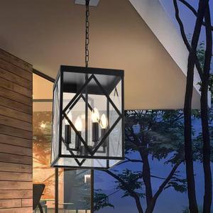 4-Light Outdoor Pendant Light Fixtures Large 15.7'' Black Outdoor Chandelier Metal Cage Exterior Hanging Porch Light w/Glass Shade, Outdoor Pendant Lantern Lamp for Front Porch Balcony Foyer