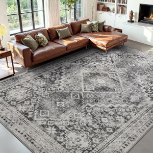 YOH Boho Washable Rug 8x10, Taupe Gray Vintage Non Slip Area Rug, Distressed Indoor Carpet for Living Room Bedroom Kitchen Office