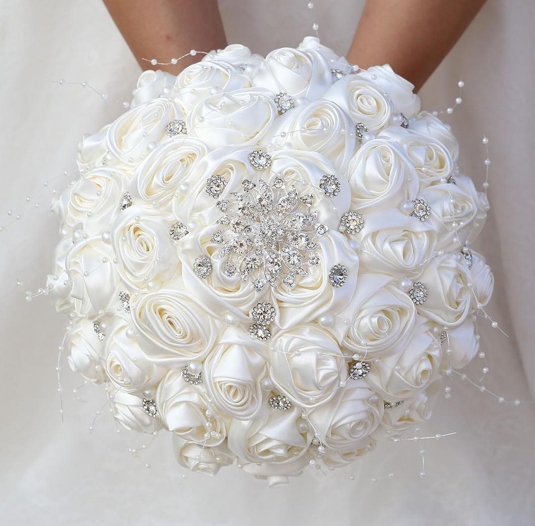 Bridal Wedding Bouquet Round Bling Brooch Holding Bouquet Artificial Rose Flower Bunch for Bride Bridesmaid Wedding Quinceanera(Ivory, 9.8")