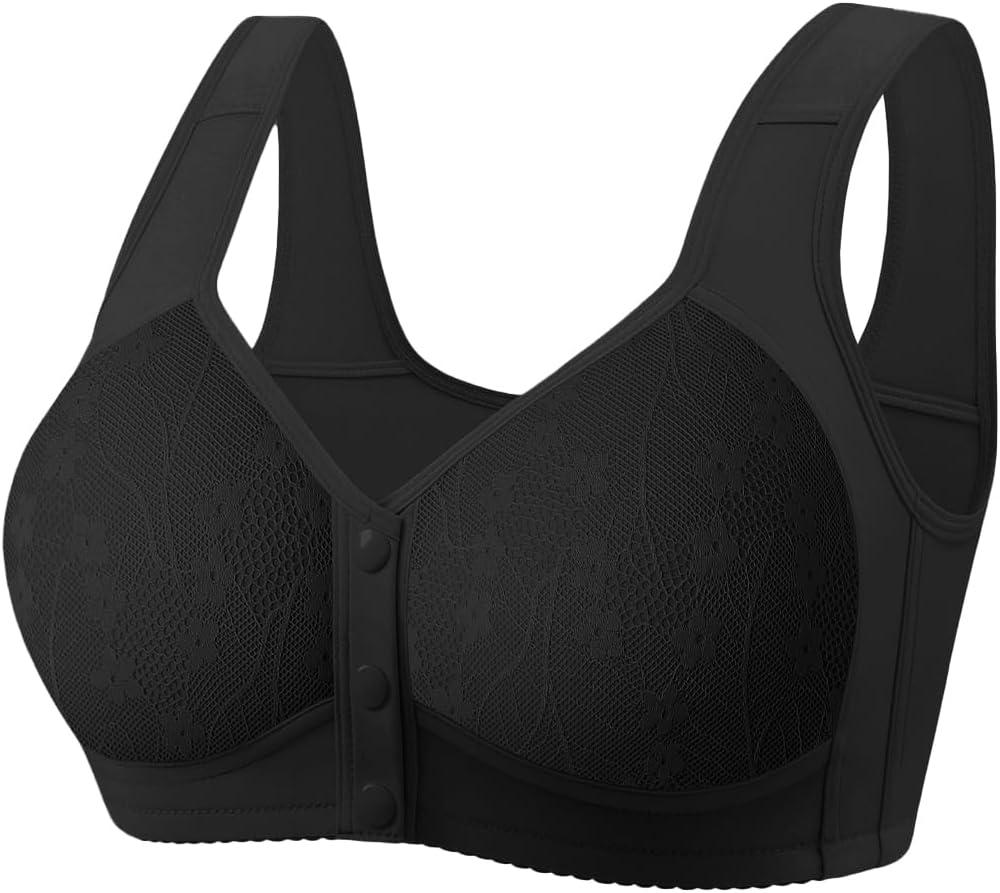 Daisy Lace Bras for Women Front Closure No Underwire Comfort Senior Wireless Snap Closing Bra (Z Black)