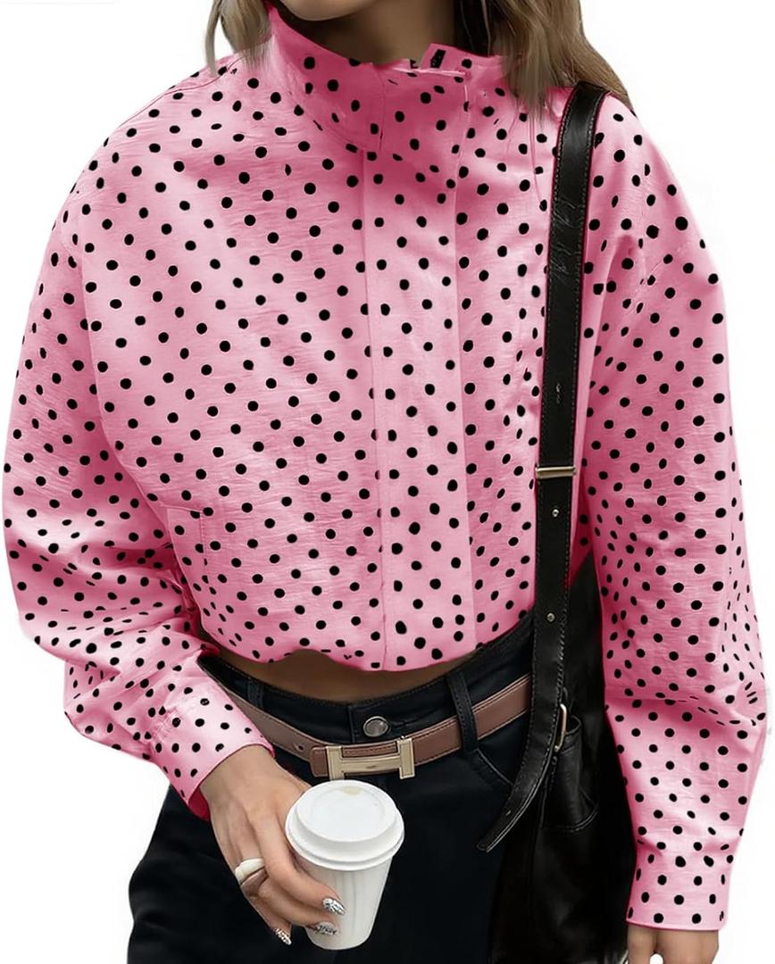 Tankaneo Womens Zip Up Cropped Jackets Polka Dot Oversized Jackets Spring Lightweight Trendy Casual Coats L