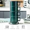 Stackable Coffee Mugs Set of 4 with Holder Spoons 11oz Ceramic Cappuccino Cups for Espresso Latte Tea Drinks, Dishwasher & Microwave Safe, Green