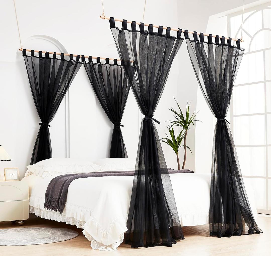 Mengersi Canopy Bed Curtains with Poles for King,Queen,Full and Twin Bed, Bed Canopy Drapes Sheer Curtains for Girls Adults Bedroom Decoration (Black)
