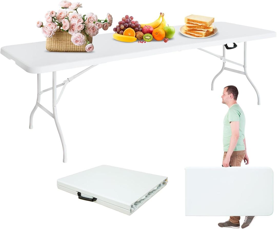 Portable 8Ft Folding Table, Heavy Duty Plastic Fold-in-Half Utility Foldable Dining Table, Multi-Purpose Plastic Folding Table with Carrying Handle for Camping and Party Indoor/Outdoor (White)