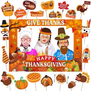 35pcs Thanksgiving Decorations Photo Booth Frame and Props Pumpkin Turkey Maple Leaves Give Thanks Fall Harvest for Happy Thanksgiving Party Decorations
