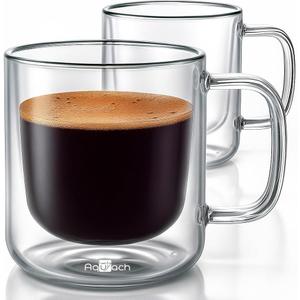 Aquach 2-Pack Double Walled Insulated 8oz Glass Coffee Mugs with Handle - Ideal for Espresso, Latte, Americano, and Cappuccino