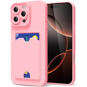 oakxco for iPhone 16 Pro Case with Card Holder, Silicone Wallet Phone Case with Credit Card Slot, Soft Rubber Thin Slim Purse for Women Men, Cute Solid Color & Protective Bumper, Light Pink