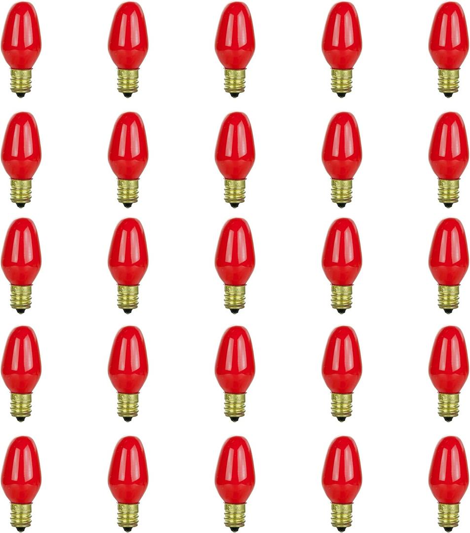 Sunlite 01275 7C7 Incandescent Bulb, 7 Watt, Candelabra E12 Base, C7 Small Night Light, Colored Bulb, Red, 25 Count