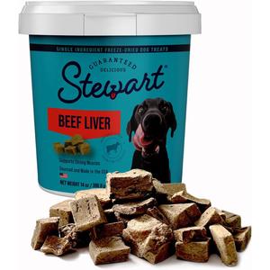 Stewart 100% Beef Liver Dog Treats, 14 oz Tub, ~315 Pieces, Freeze Dried Raw, Single Ingredient, 50% Protein Training Treats or Meal Topper, Grain Free, Gluten Free BB 11/25/2027