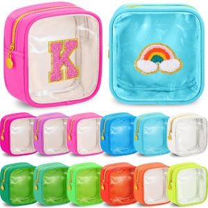 Kacctyen 12 Pcs Mini Makeup Bag Nylon Small Pouch for Purse Mini Square Nylon Pouch with Zipper Small Cosmetic Travel Makeup Bag Purse Organizer for Women (Neon Color,Translucent)