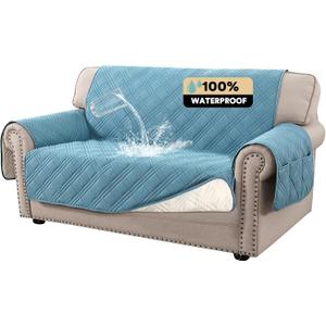 PrinceDeco 100% Waterproof Loveseat Covers for 2 Cushion Couch Sofa Covers Waterproof and Washable Sofa Slipcover with Side Pocket Furniture Protector with Elastic Straps(Loveseat 48", Smoke Blue)