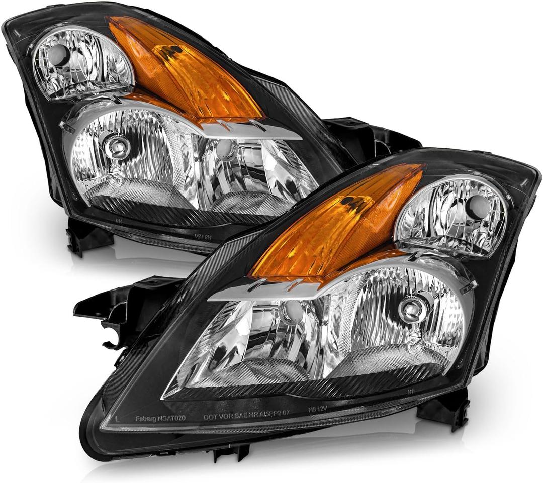 WEELMOTO Headlights for 2007 2008 2009 Nissan Altima 4Dr Sedan Halogen
Clear Lens Black Housing Amber Reflector, Left+Right Side, Plug-and-Play,OEM:26010JA00A/26010JA00B