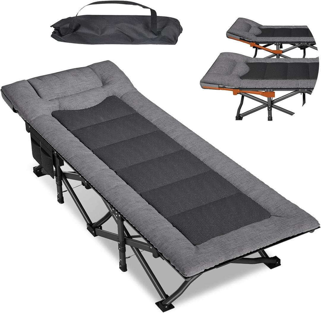 Mopaicot Camping Cot for Adults, Adjustable Headrest Folding Bed, Comfortable Cushion, Portable Sleeping Bed for Camp, Supports 450 lbs with Carry Bag