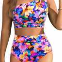 Two Piece High Waisted Swimsuits for Women - One Shoulder Bikini Tummy Control Bathing Suit 2025 Full Coverage Swimwear (Large, Colorful Floral)