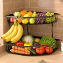Tequie 2 Tier Fruit Basket for Kitchen Counter  Detachable Metal Fruit Bowl with 2 Banana Hangers for Corner , Large Capacity Fruit Stand with Wooden Handle for Bread Fruit and Vegetable Storage