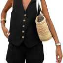 PRETTYGARDEN Women's Summer 2 Piece Outfits Sleeveless Matching Sets Button Down V Neck Vest Waistcoat and Pockets Shorts, Size XL