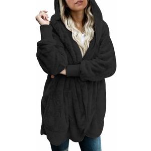 Dokotoo Womens 2025 Winter Long Sleeve Solid Fuzzy Fleece Open Front Hooded Cardigans Jacket Coats Outerwear with Pocket (Black, L)