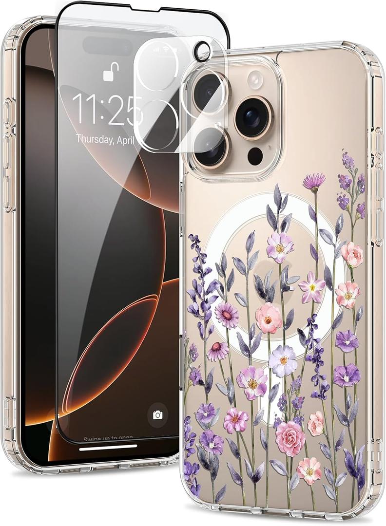 Magnetic for iPhone 16 Pro Max Case [Compatible with MagSafe][with Screen + Camera Protector] Clear Floral Flower Pattern Design, Slim Shockproof Phone Cover for Women Girls