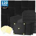 Focusound 120 Pack Acoustic Foam Panels 1" x 12" x 12" Sound Proof Foam Panels Soundproofing Noise Cancelling Wedge Panels for Home Office Recoding Studio with 600 PCS Double-Side Adhesive