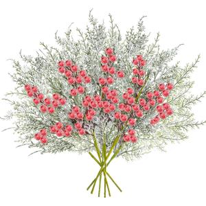 GoClimber 6 Pcs Snowy Artificial Cedar Picks with Red Berries, Christmas Tree Picks Frosted Faux Cedar Sprays with Greenery Branches Stems, Floral Picks for Vase Fillers Craft Wreath Holiday Dcor