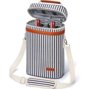 2 Bottle Wine Carrier Tote Bag, Leakproof Insulated Wine Cooler for Travel, BYOB, Beach, Dinner, Party, Christmas Gifts - Navy Stripe