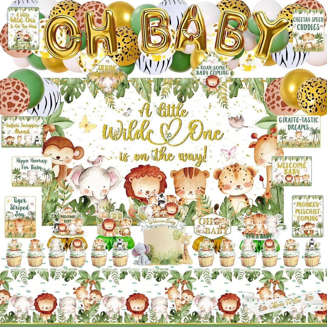 Mpanwen Safari Baby Shower Decorations, Jungle Animal Theme Party Decorations Supplies for Baby Shower - Backdrop, Cake, Cupcake Toppers, Balloon, Tablecloth, Hanging Swirls, Wall Signs