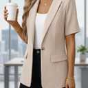 Mina Self 2026 Summer Women's Short Sleeve Blazer Jacket - Open Front Lightweight Breathable Fully-Lined Work Casual Pocket (Beige, XXL)