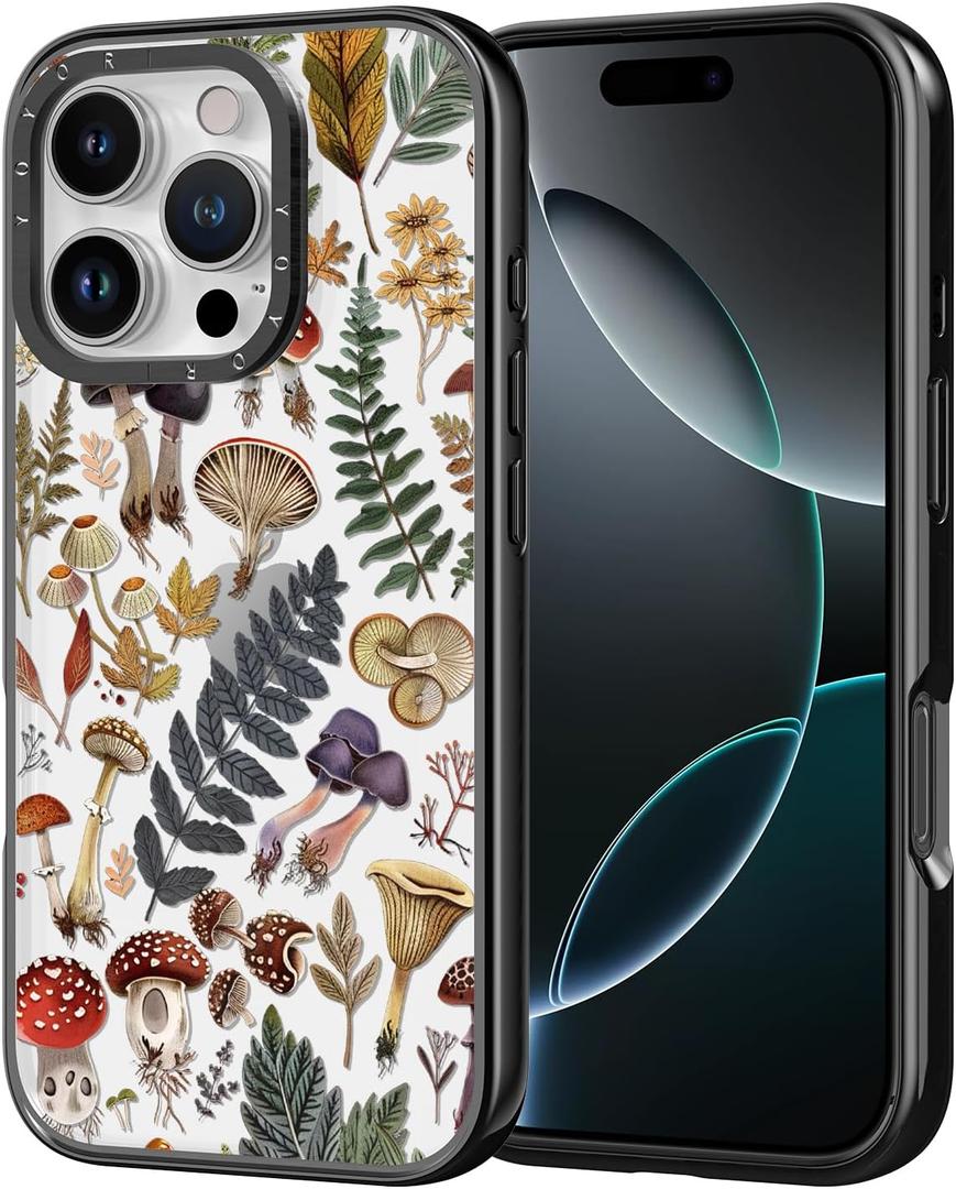 for iPhone Case - [6.6 ft Military-Grade Drop Protection] [Anti-Peel Technology] Clear Black TPU Bumper Case with Cute Design (Wild Mushrooms, iPhone 16 Pro)