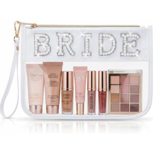 Hillban Clear Bride Makeup Bag Bridal Shower Gift Cosmetic Bag Bling Pearl Rhinestone Patch Pouch Waterproof PVC Travel Organizer for Bridesmaid Bridal Shower Bachelorette Party(Pearl Rhinestone)