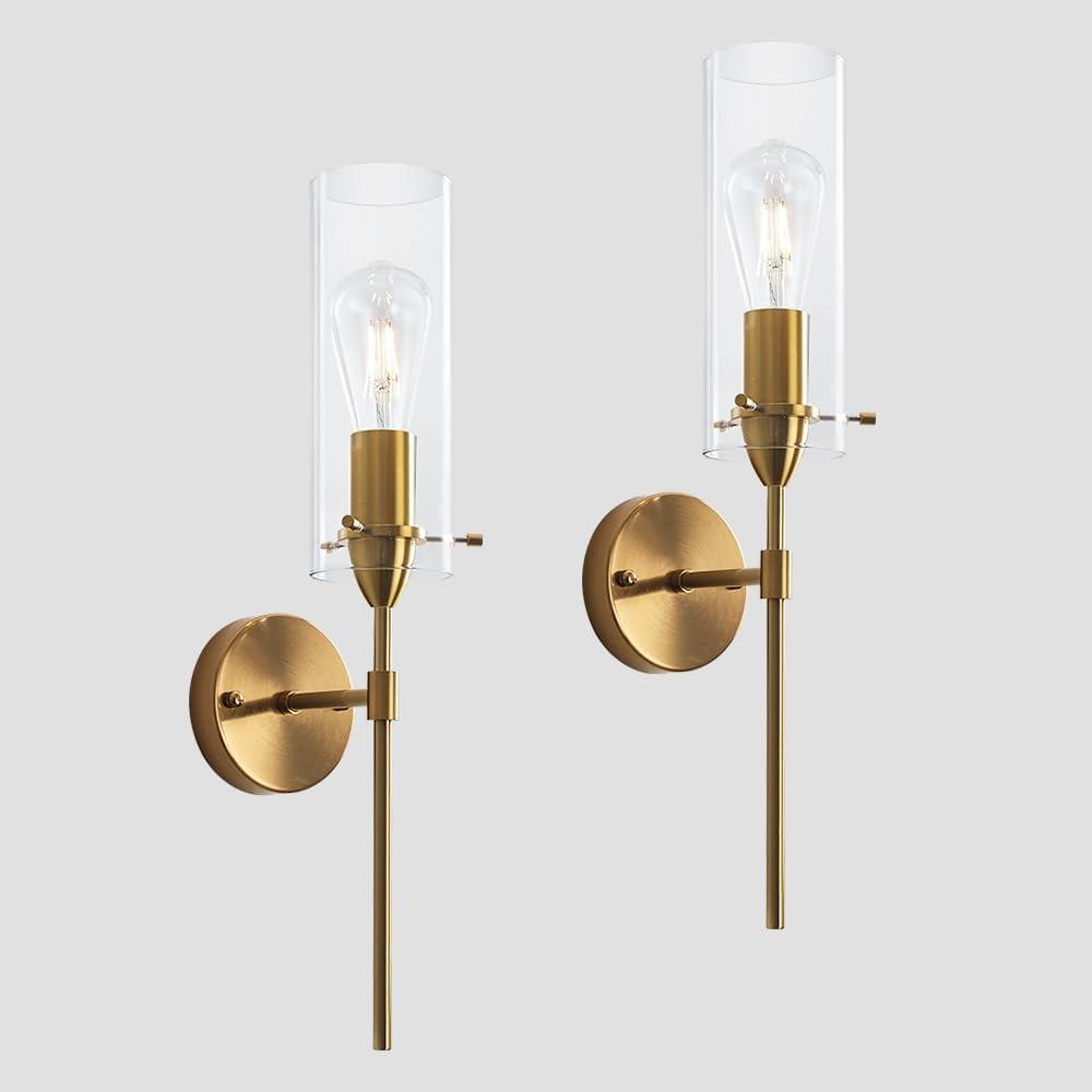 Gold Wall Sconces, Modern Wall Lights with Clear Glass Shade, Indoor Hardwired Wall Mount Light Fixtures for Living Room Bathroom, Bedroom, Hallway, 2 Pack
