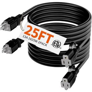 HUANCHAIN Indoor Outdoor Black Extension Cord 25 ft 2 Pack Waterproof, 16/3 Gauge Flexible Cold-Resistant Appliance Cable Outside, 13A 1625W 16AWG SJTW, 3 Prong Heavy Duty Electric Cord, ETL