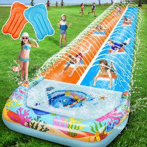 40FT Double Slip and Water Slides for Kids Adults Backyard, Extra Long Lawn Water Slides with 2 Bodyboards, Heavy Duty, Giant Inflatable Water Slip Toys with Crash Pad for Summer Outdoor Party