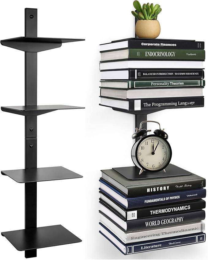 Professional Invisible Floating Book Shelves for Wall, 4 Tier Vertical Spine Book Tower Hanging Bookshelves, Wall Mounted & Space Saving, Heavy Duty Metal Book Organizer for Home Office, 2 Pack White