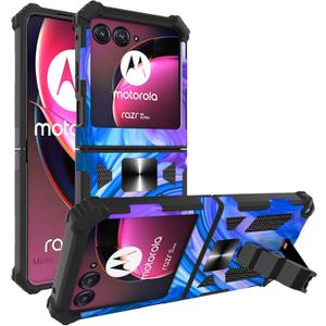 Ailiber Case for Moto Razr Plus 2024, Heavy Duty, Shockproof Protective Rugged Cover with Kickstand and Magnetic Car Mount - Purple Blue