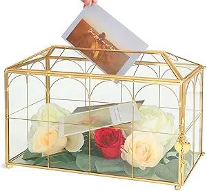 Ripprovt Glass Wedding Card Box with Lock, 12.6x5.9x9 inches Large Gold Card Boxes for Wedding Reception, Graduation, Keepsake Display, Party Centerpiece Gift Box